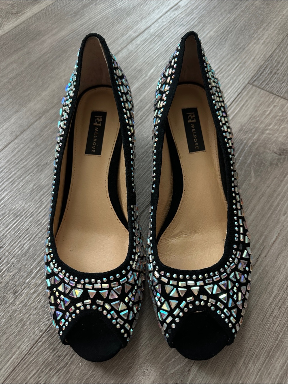 Melrose Black Suede Peep Toe Heels Iridescent Rhinestone Size 40 Runs Small